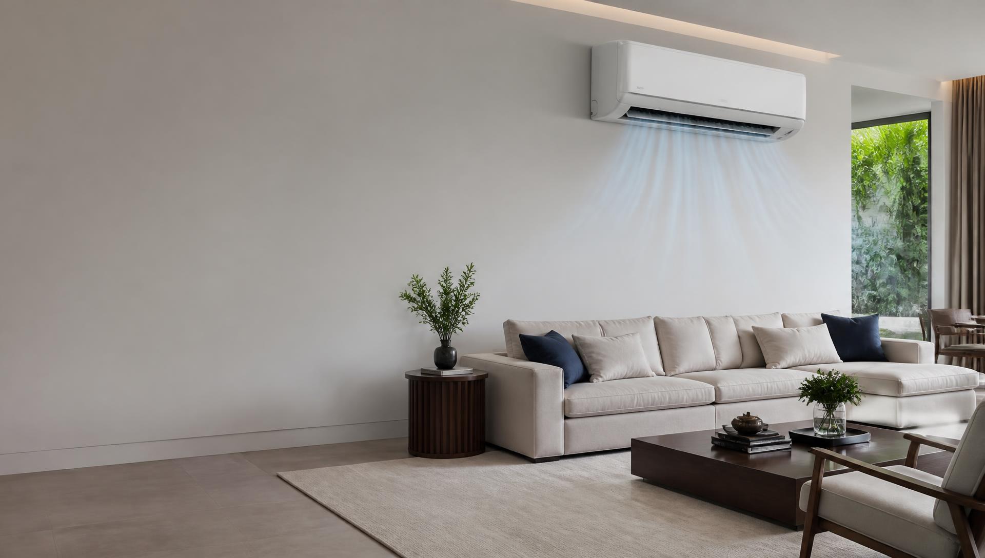 Sala residencial moderna com ar-condicionado split ligado e fluxo de ar visível