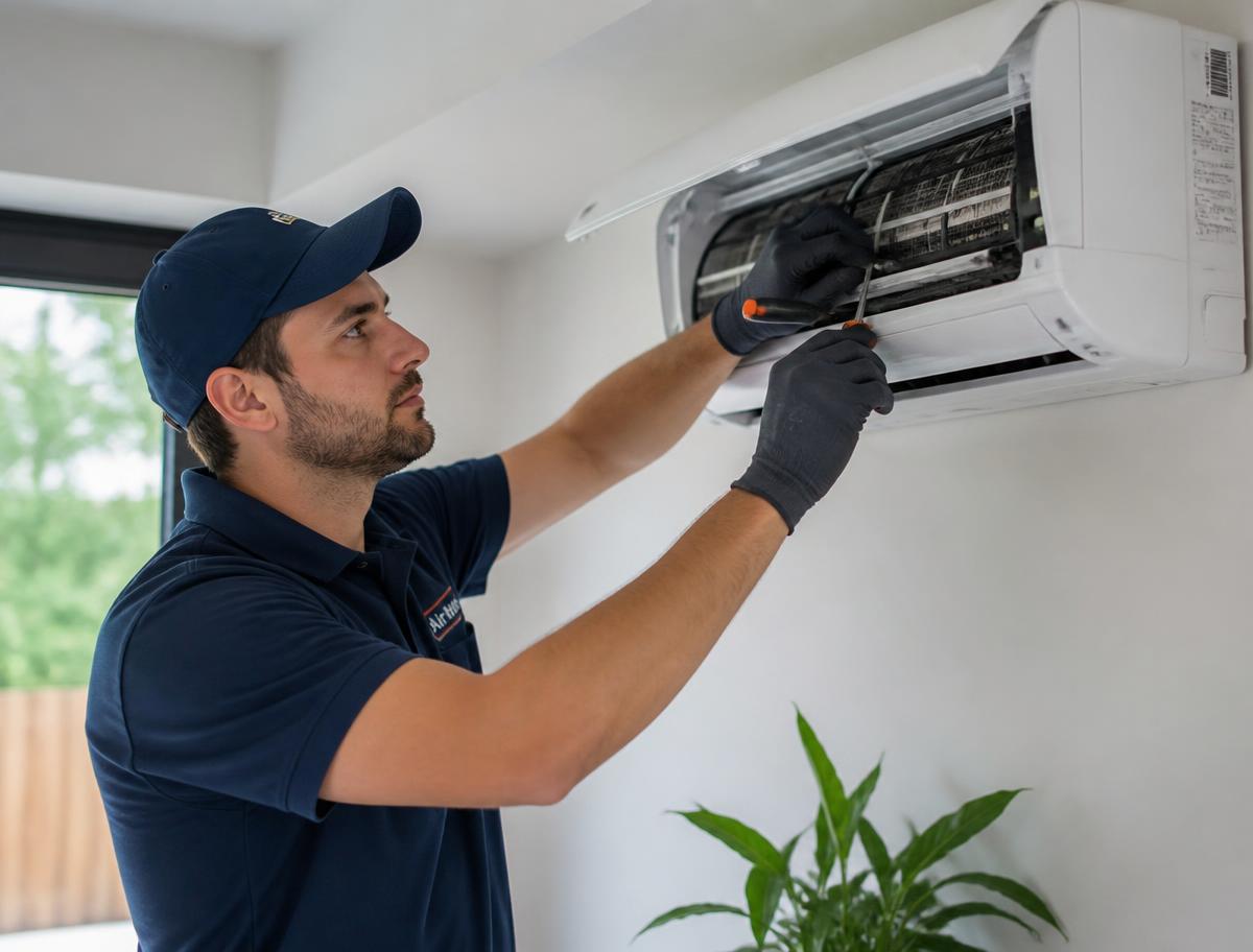 Técnico realizando manutenção em ar-condicionado split